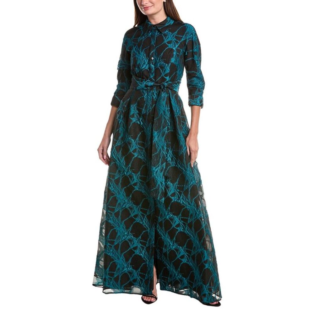 Teri Jon By Rickie Freeman Womens Organza Web Pattern Shirt Gown, Black